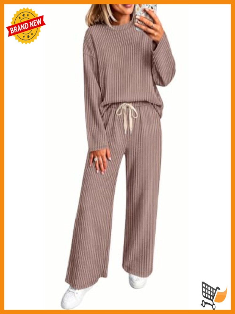 Ribbed Knit Two Piece Lounge Set Long Sleeve Matching Pants